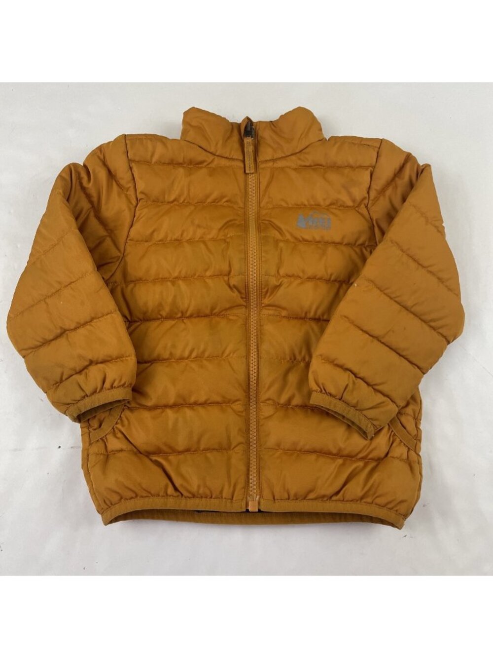 REI Co Op Reversible Down Puffer Jacket 3T Full Zip Orange Galaxy Print